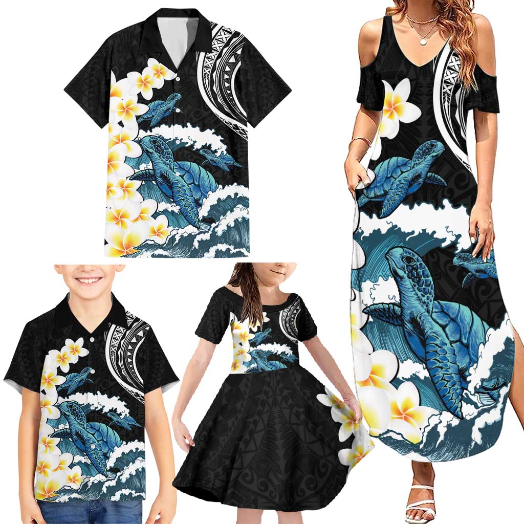 Black Polynesia Family Matching Summer Maxi Dress and Hawaiian Shirt Polynesian Frangipani With Sea Turtles LT14 - Polynesian Pride