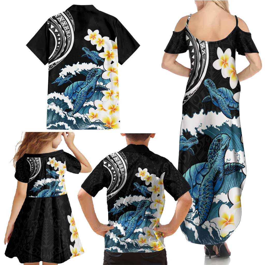 Black Polynesia Family Matching Summer Maxi Dress and Hawaiian Shirt Polynesian Frangipani With Sea Turtles LT14 - Polynesian Pride