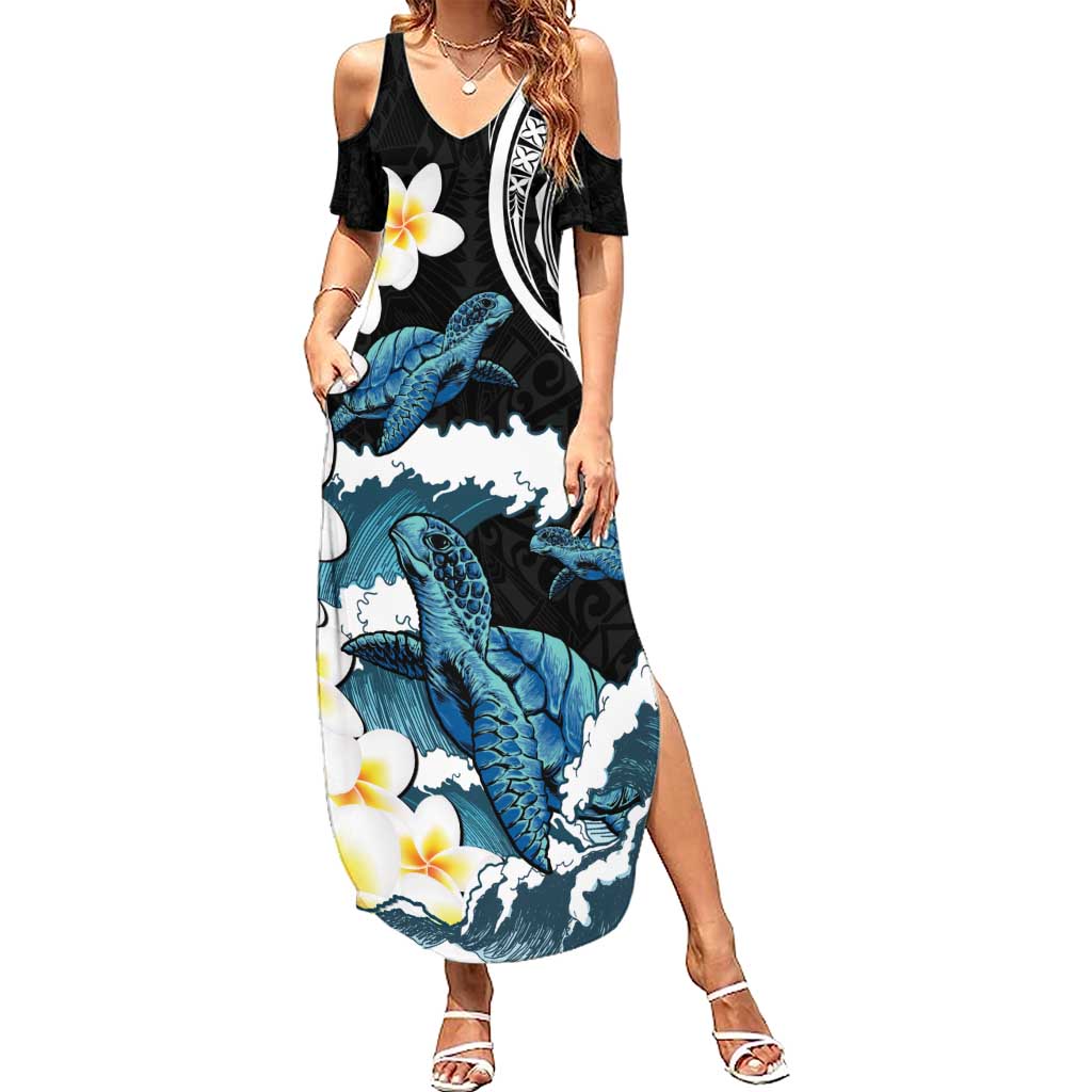 Black Polynesia Family Matching Summer Maxi Dress and Hawaiian Shirt Polynesian Frangipani With Sea Turtles LT14 Mom's Dress Black - Polynesian Pride