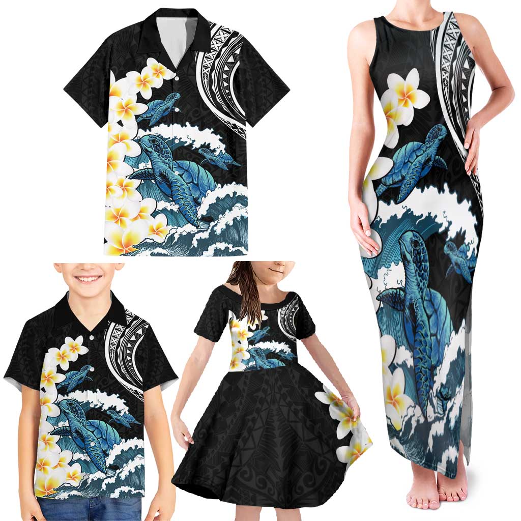 Black Polynesia Family Matching Tank Maxi Dress and Hawaiian Shirt Polynesian Frangipani With Sea Turtles LT14 - Polynesian Pride