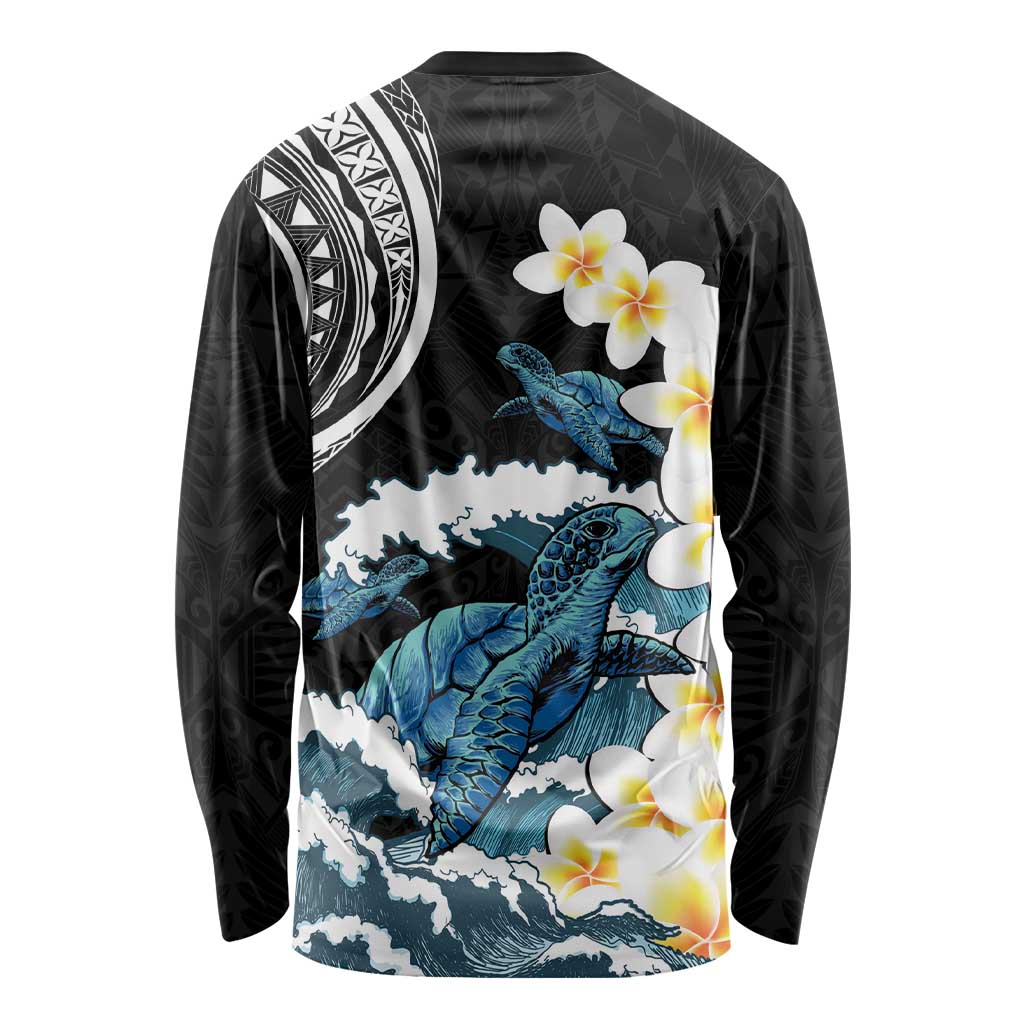 Black Polynesia Long Sleeve Shirt Polynesian Frangipani With Sea Turtles LT14 - Polynesian Pride