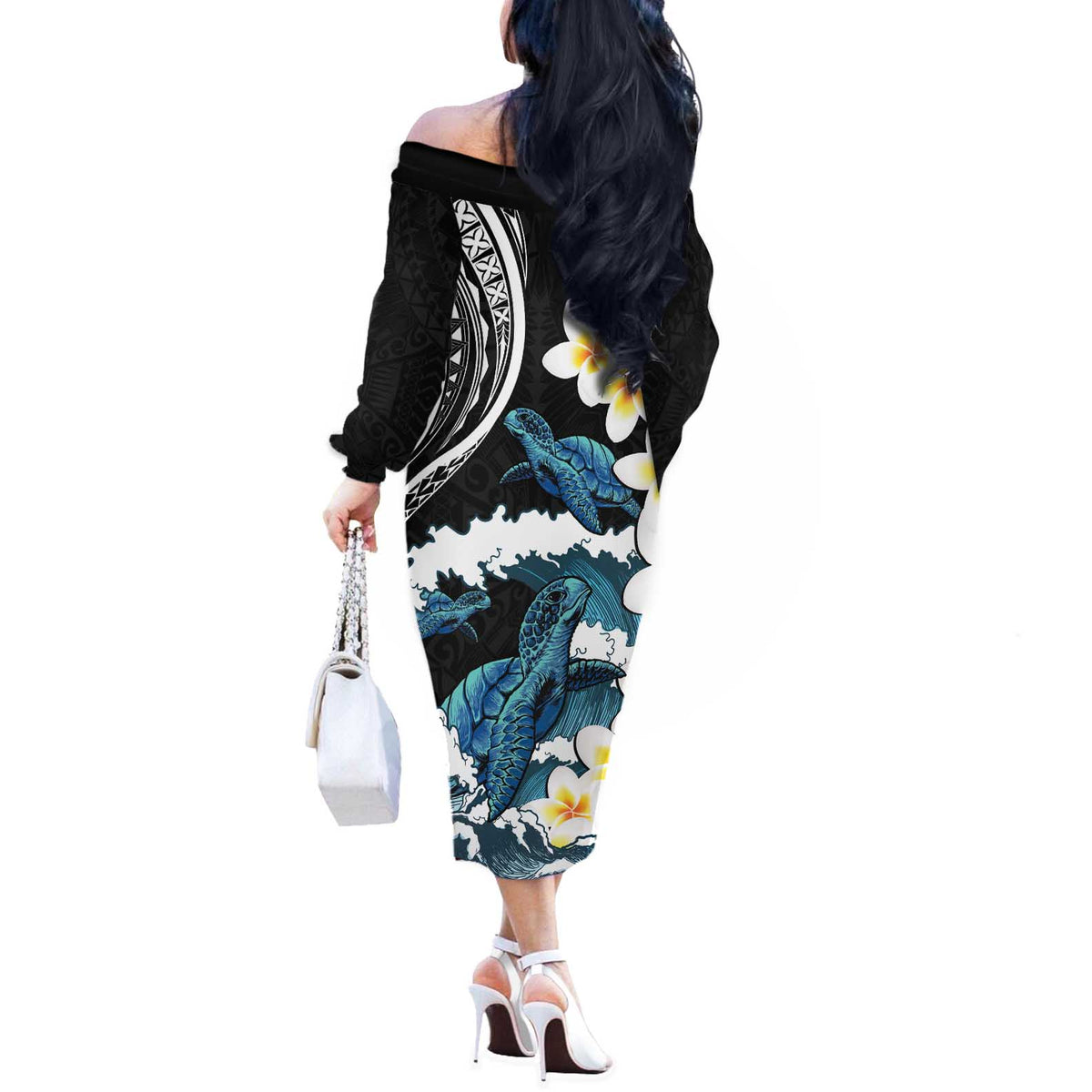 Black Polynesia Off The Shoulder Long Sleeve Dress Polynesian Frangipani With Sea Turtles