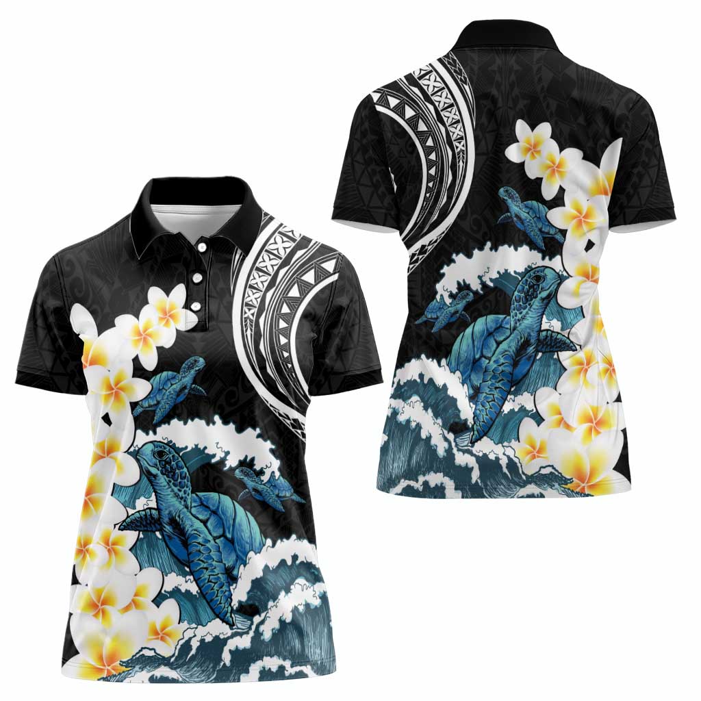 Black Polynesia Women Polo Shirt Polynesian Frangipani With Sea Turtles
