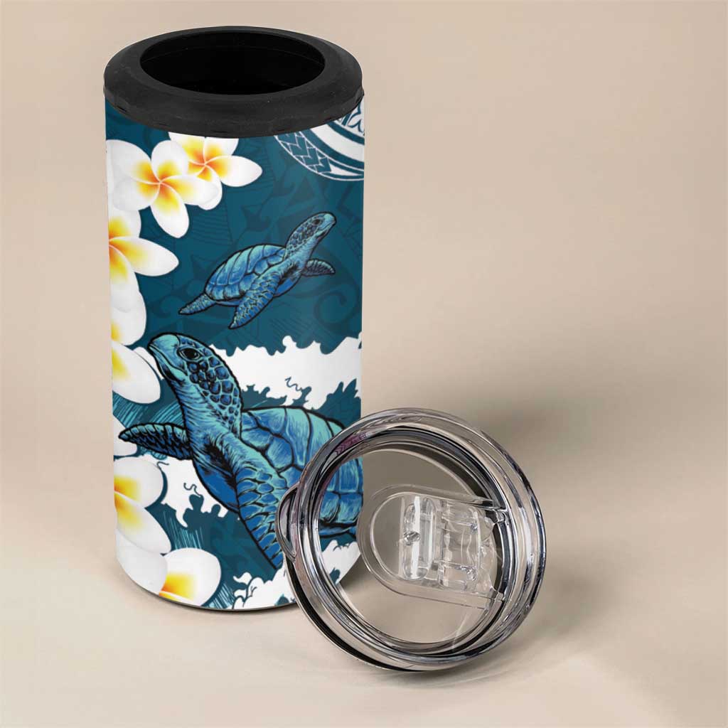 Dark Teal Polynesia 4 in 1 Can Cooler Tumbler Polynesian Frangipani With Sea Turtles