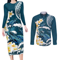 Dark Teal Polynesia Couples Matching Long Sleeve Bodycon Dress and Long Sleeve Button Shirt Polynesian Frangipani With Sea Turtles LT14 Dark Teal - Polynesian Pride