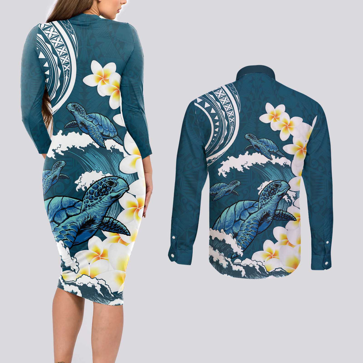 Dark Teal Polynesia Couples Matching Long Sleeve Bodycon Dress and Long Sleeve Button Shirt Polynesian Frangipani With Sea Turtles LT14 - Polynesian Pride
