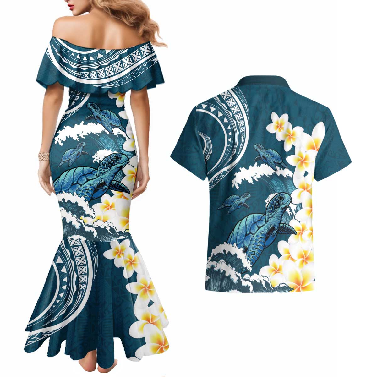 Dark Teal Polynesia Couples Matching Mermaid Dress and Hawaiian Shirt Polynesian Frangipani With Sea Turtles LT14 - Polynesian Pride