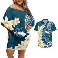 Dark Teal Polynesia Couples Matching Off Shoulder Short Dress and Hawaiian Shirt Polynesian Frangipani With Sea Turtles LT14 Dark Teal - Polynesian Pride