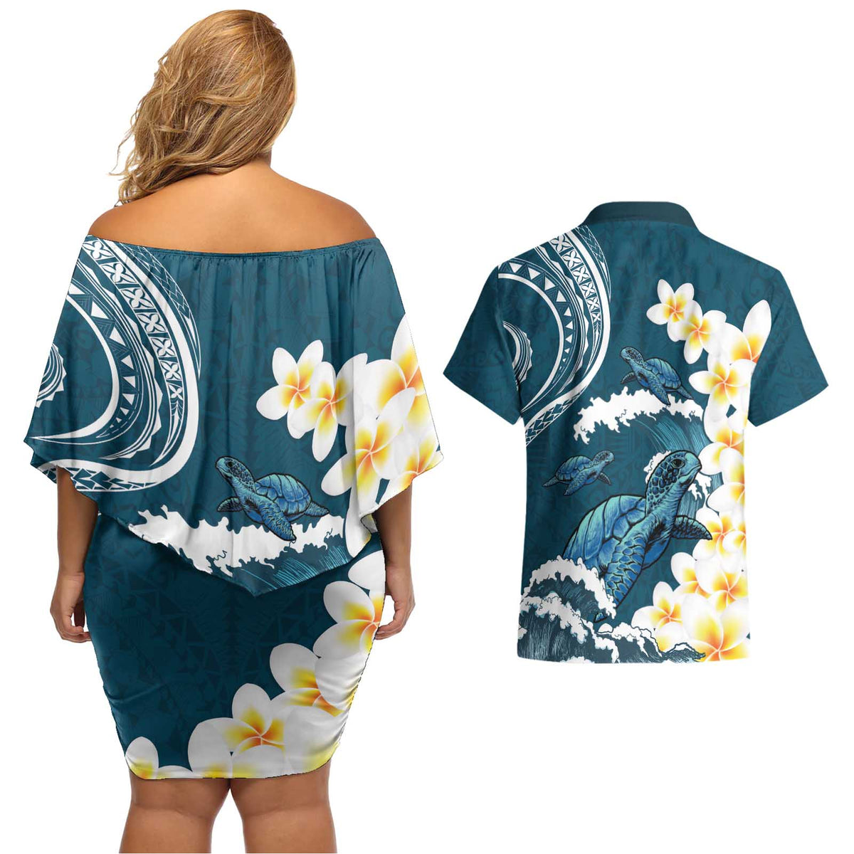 Dark Teal Polynesia Couples Matching Off Shoulder Short Dress and Hawaiian Shirt Polynesian Frangipani With Sea Turtles LT14 - Polynesian Pride