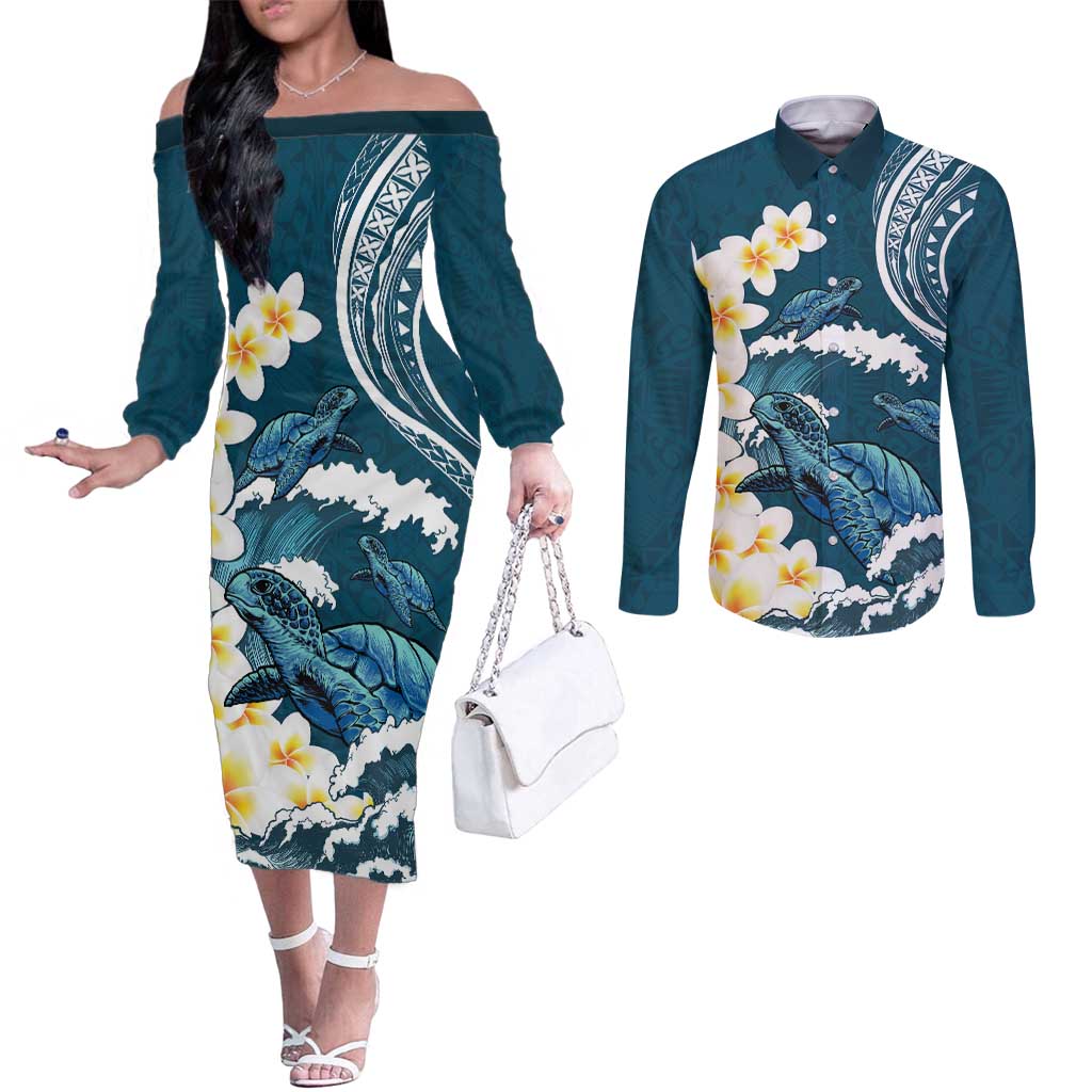 Dark Teal Polynesia Couples Matching Off The Shoulder Long Sleeve Dress and Long Sleeve Button Shirt Polynesian Frangipani With Sea Turtles LT14 Dark Teal - Polynesian Pride