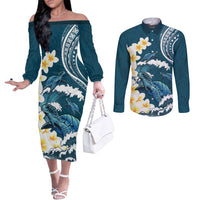Dark Teal Polynesia Couples Matching Off The Shoulder Long Sleeve Dress and Long Sleeve Button Shirt Polynesian Frangipani With Sea Turtles LT14 Dark Teal - Polynesian Pride