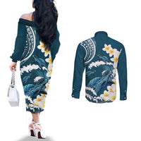 Dark Teal Polynesia Couples Matching Off The Shoulder Long Sleeve Dress and Long Sleeve Button Shirt Polynesian Frangipani With Sea Turtles LT14 - Polynesian Pride