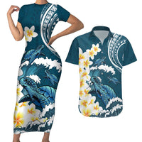 Dark Teal Polynesia Couples Matching Short Sleeve Bodycon Dress and Hawaiian Shirt Polynesian Frangipani With Sea Turtles LT14 Dark Teal - Polynesian Pride