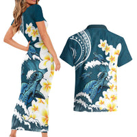 Dark Teal Polynesia Couples Matching Short Sleeve Bodycon Dress and Hawaiian Shirt Polynesian Frangipani With Sea Turtles LT14 - Polynesian Pride