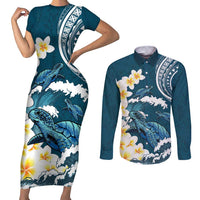 Dark Teal Polynesia Couples Matching Short Sleeve Bodycon Dress and Long Sleeve Button Shirt Polynesian Frangipani With Sea Turtles LT14 Dark Teal - Polynesian Pride