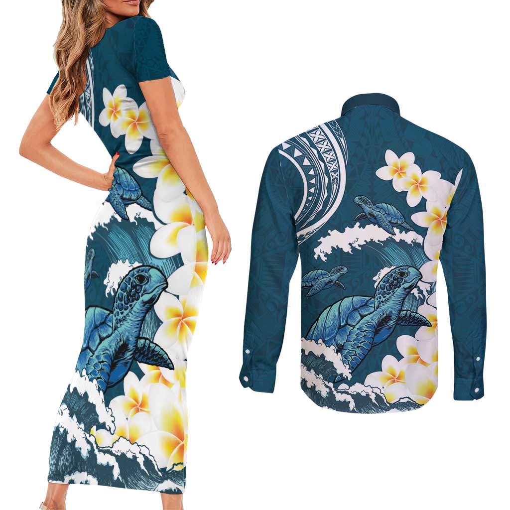 Dark Teal Polynesia Couples Matching Short Sleeve Bodycon Dress and Long Sleeve Button Shirt Polynesian Frangipani With Sea Turtles LT14 - Polynesian Pride
