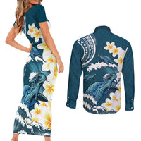 Dark Teal Polynesia Couples Matching Short Sleeve Bodycon Dress and Long Sleeve Button Shirt Polynesian Frangipani With Sea Turtles LT14 - Polynesian Pride