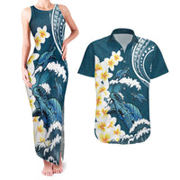 Dark Teal Polynesia Couples Matching Tank Maxi Dress and Hawaiian Shirt Polynesian Frangipani With Sea Turtles LT14 Dark Teal - Polynesian Pride