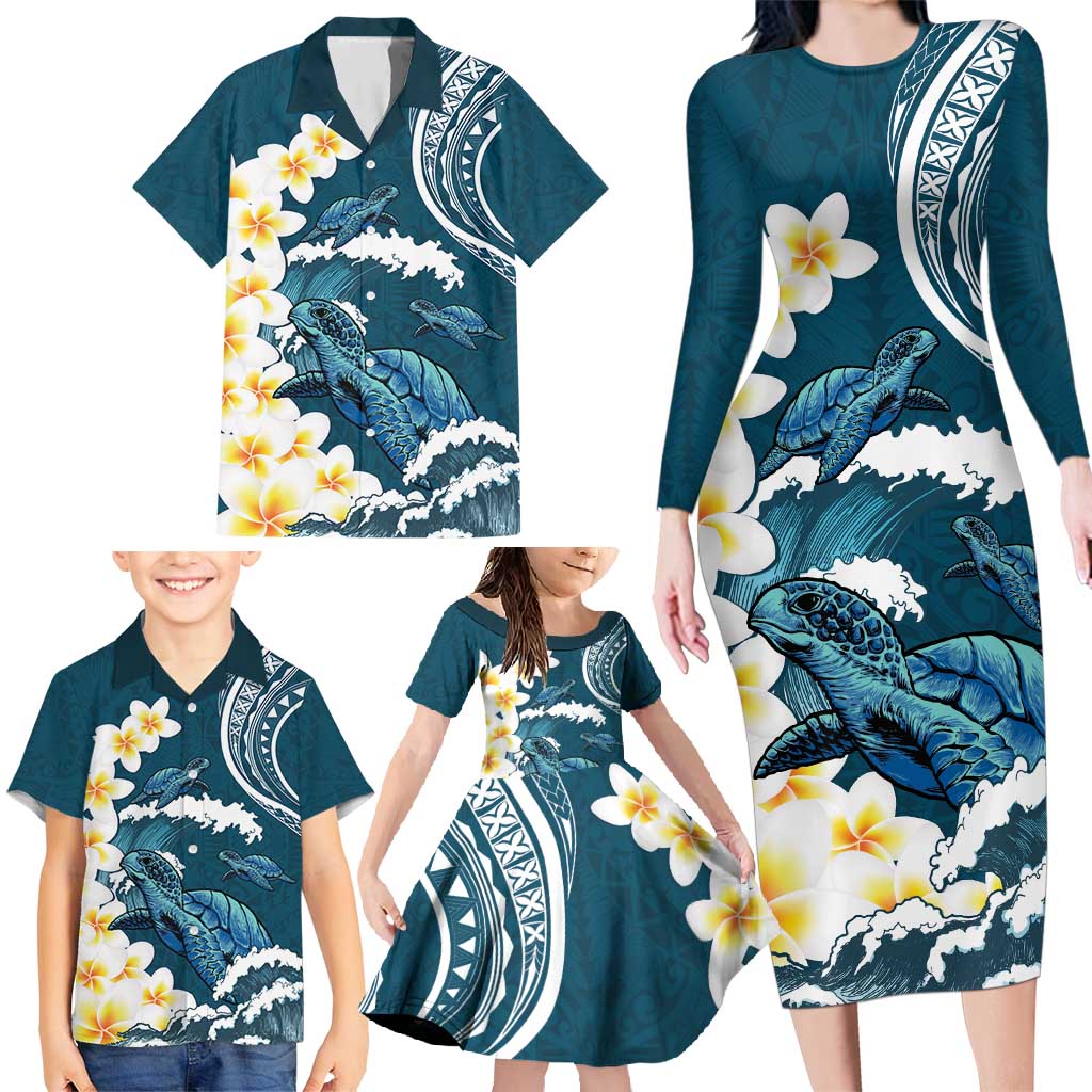 Dark Teal Polynesia Family Matching Long Sleeve Bodycon Dress and Hawaiian Shirt Polynesian Frangipani With Sea Turtles LT14 - Polynesian Pride