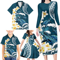 Dark Teal Polynesia Family Matching Long Sleeve Bodycon Dress and Hawaiian Shirt Polynesian Frangipani With Sea Turtles LT14 - Polynesian Pride