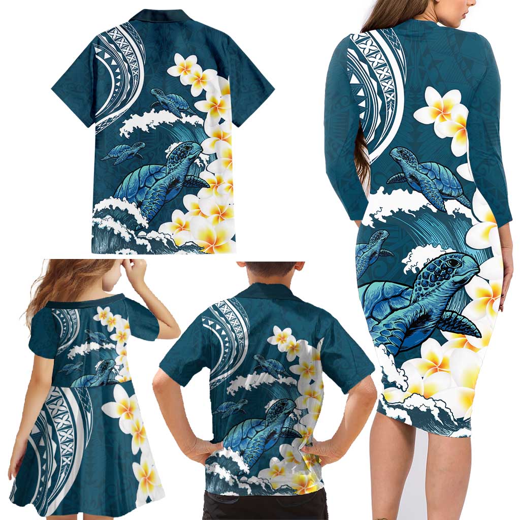 Dark Teal Polynesia Family Matching Long Sleeve Bodycon Dress and Hawaiian Shirt Polynesian Frangipani With Sea Turtles LT14 - Polynesian Pride