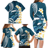 Dark Teal Polynesia Family Matching Long Sleeve Bodycon Dress and Hawaiian Shirt Polynesian Frangipani With Sea Turtles LT14 - Polynesian Pride