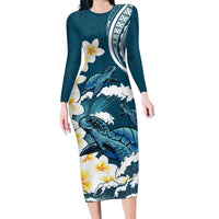 Dark Teal Polynesia Family Matching Long Sleeve Bodycon Dress and Hawaiian Shirt Polynesian Frangipani With Sea Turtles LT14 Mom's Dress Dark Teal - Polynesian Pride
