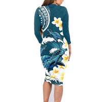 Dark Teal Polynesia Family Matching Long Sleeve Bodycon Dress and Hawaiian Shirt Polynesian Frangipani With Sea Turtles LT14 - Polynesian Pride