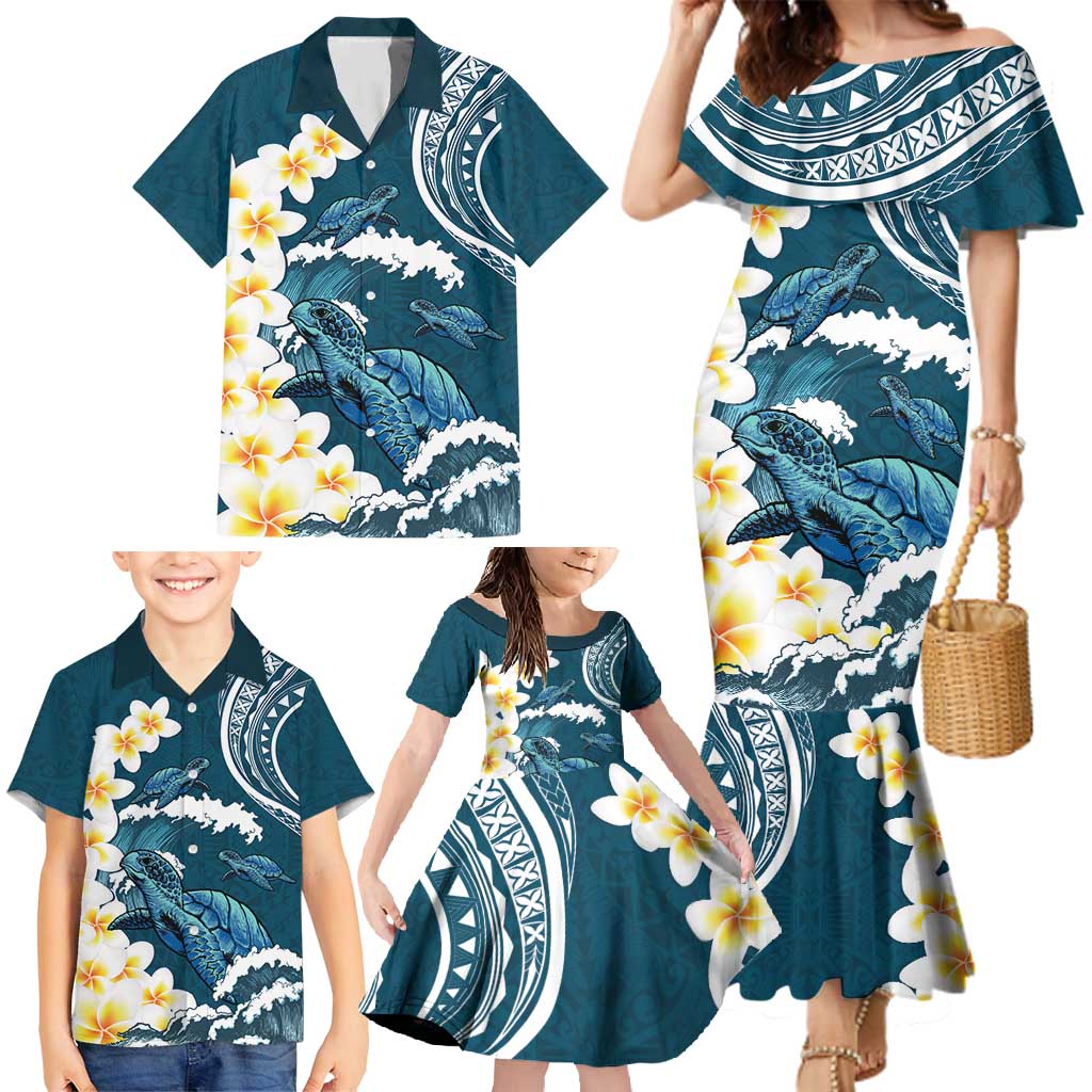 Dark Teal Polynesia Family Matching Mermaid Dress and Hawaiian Shirt Polynesian Frangipani With Sea Turtles LT14 - Polynesian Pride