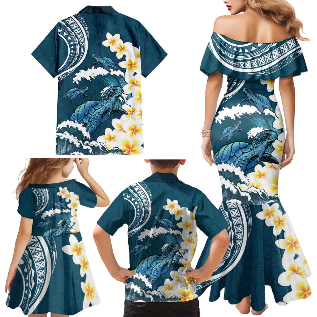 Dark Teal Polynesia Family Matching Mermaid Dress and Hawaiian Shirt Polynesian Frangipani With Sea Turtles LT14 - Polynesian Pride