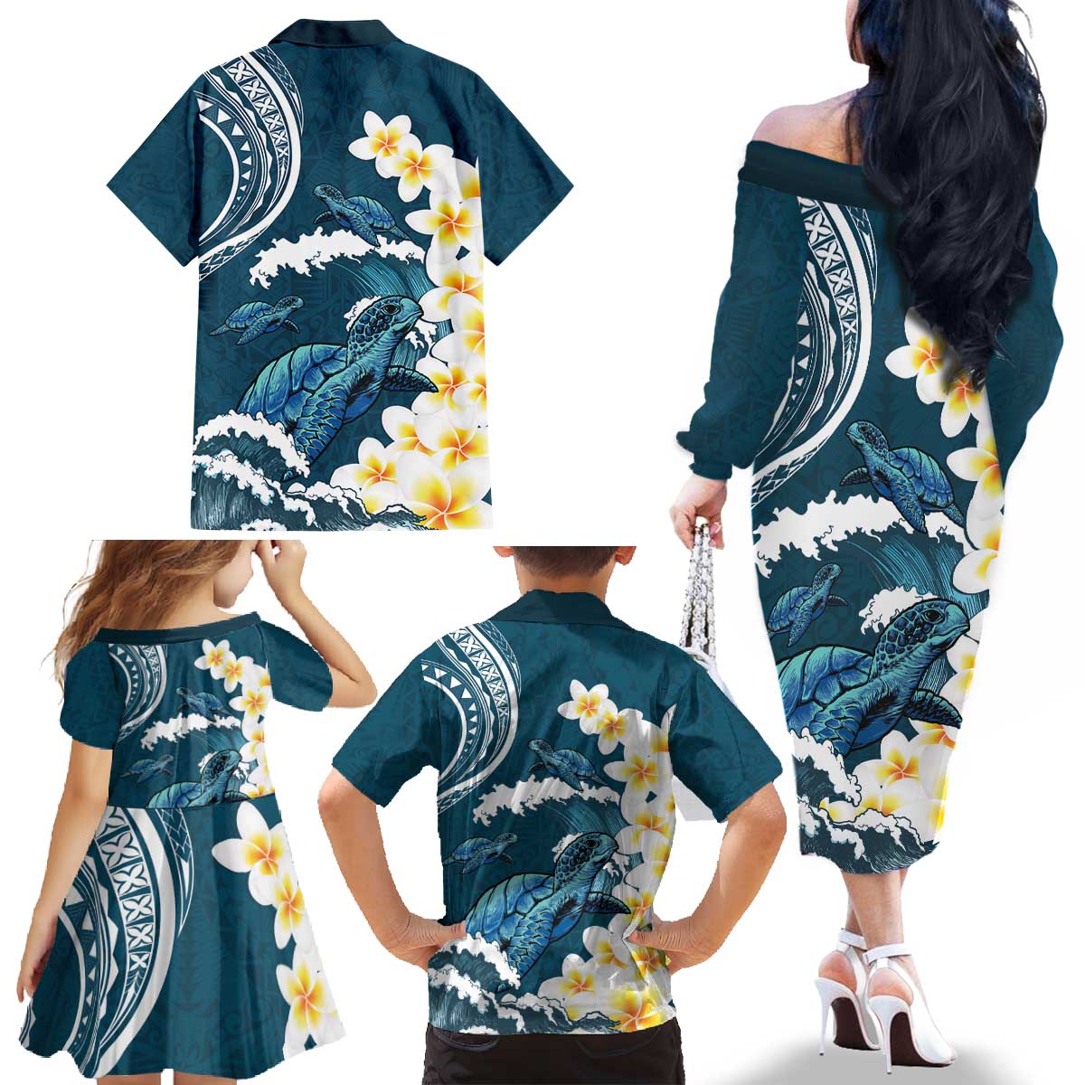 Dark Teal Polynesia Family Matching Off The Shoulder Long Sleeve Dress and Hawaiian Shirt Polynesian Frangipani With Sea Turtles LT14 - Polynesian Pride