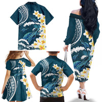 Dark Teal Polynesia Family Matching Off The Shoulder Long Sleeve Dress and Hawaiian Shirt Polynesian Frangipani With Sea Turtles LT14 - Polynesian Pride