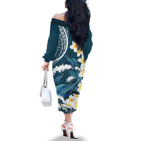 Dark Teal Polynesia Family Matching Off The Shoulder Long Sleeve Dress and Hawaiian Shirt Polynesian Frangipani With Sea Turtles LT14 - Polynesian Pride