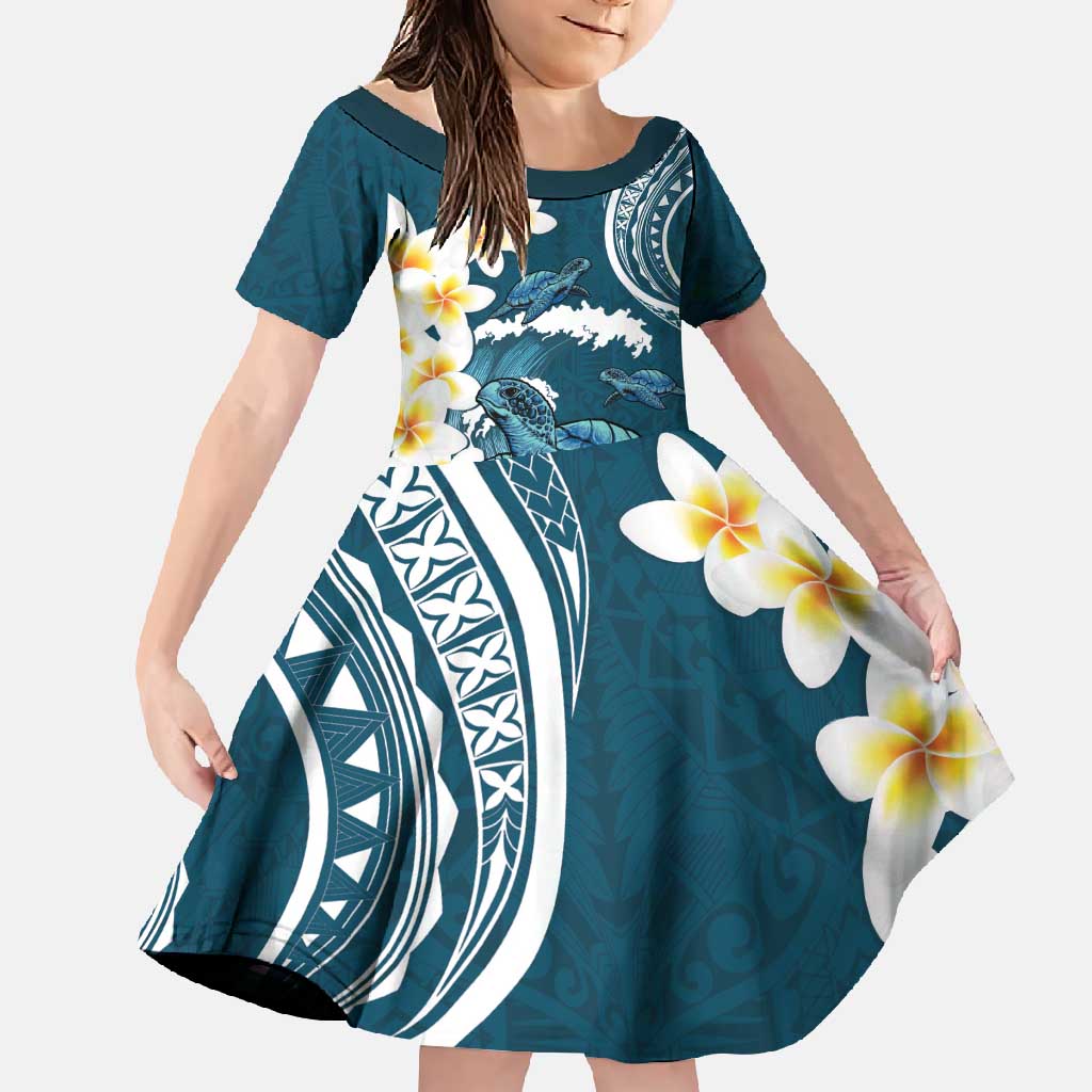 Dark Teal Polynesia Family Matching Off Shoulder Maxi Dress and Hawaiian Shirt Polynesian Frangipani With Sea Turtles LT14 Daughter's Dress Dark Teal - Polynesian Pride