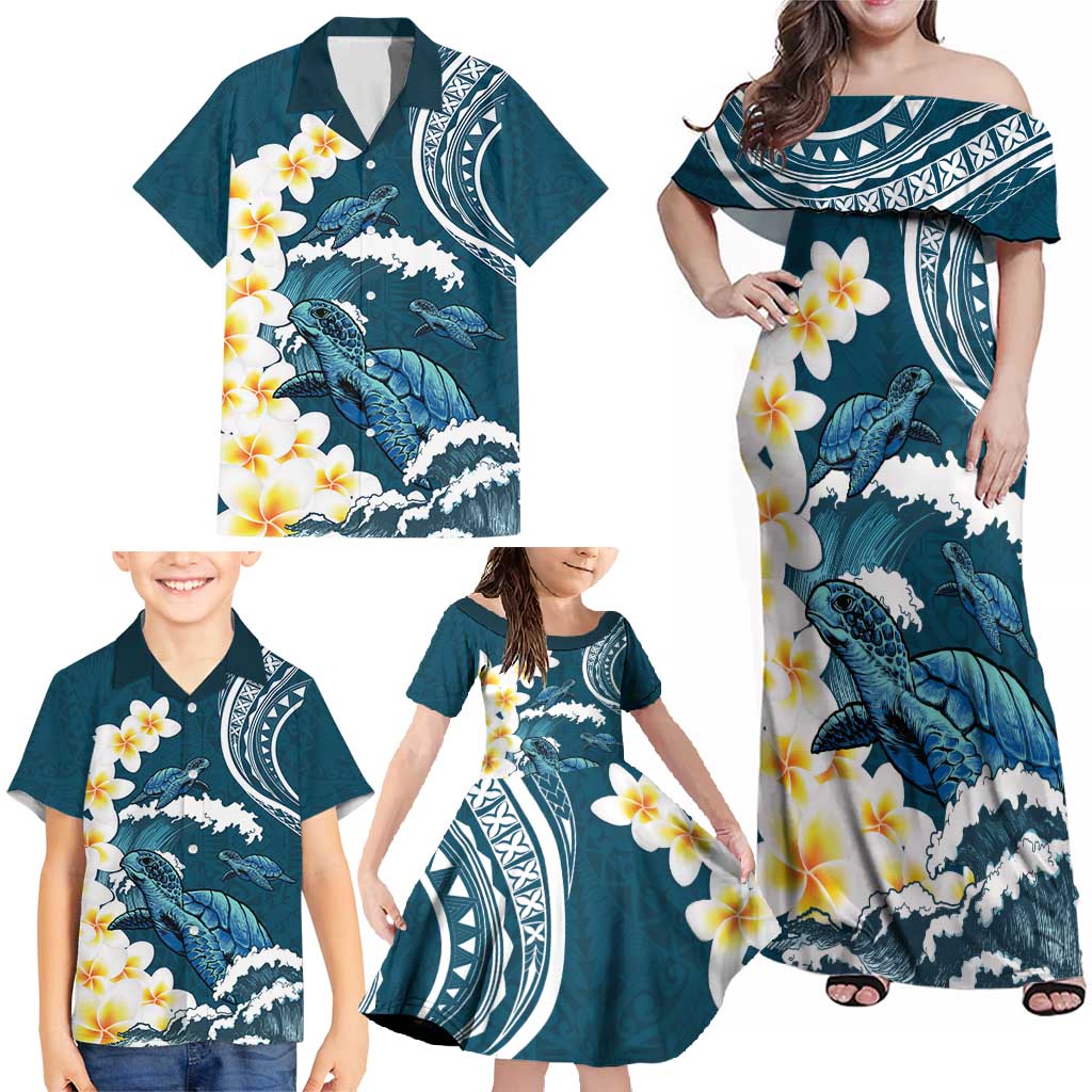 Dark Teal Polynesia Family Matching Off Shoulder Maxi Dress and Hawaiian Shirt Polynesian Frangipani With Sea Turtles LT14 - Polynesian Pride
