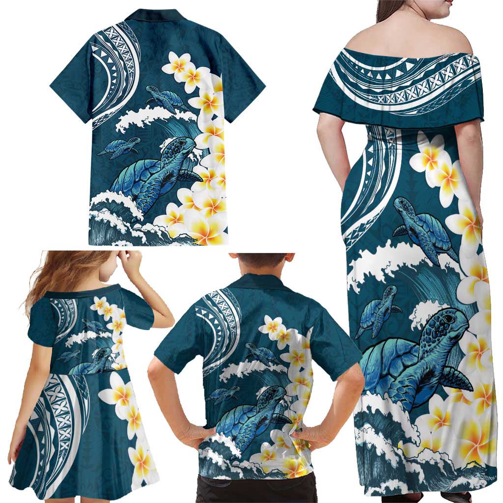 Dark Teal Polynesia Family Matching Off Shoulder Maxi Dress and Hawaiian Shirt Polynesian Frangipani With Sea Turtles LT14 - Polynesian Pride