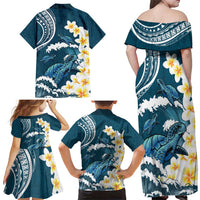 Dark Teal Polynesia Family Matching Off Shoulder Maxi Dress and Hawaiian Shirt Polynesian Frangipani With Sea Turtles LT14 - Polynesian Pride