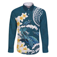 Dark Teal Polynesia Family Matching Off Shoulder Maxi Dress and Hawaiian Shirt Polynesian Frangipani With Sea Turtles LT14 Dad's Shirt - Long Sleeve Dark Teal - Polynesian Pride