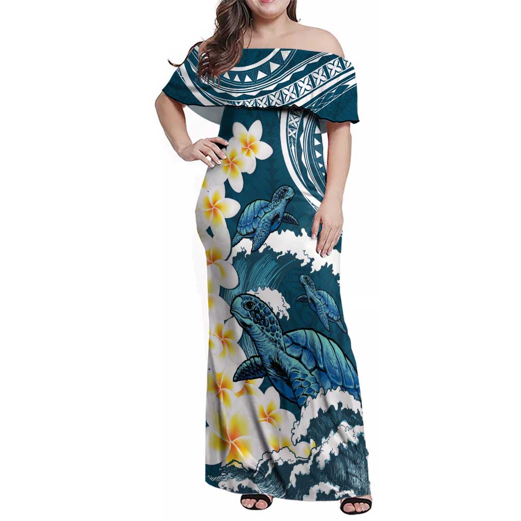 Dark Teal Polynesia Family Matching Off Shoulder Maxi Dress and Hawaiian Shirt Polynesian Frangipani With Sea Turtles LT14 Mom's Dress Dark Teal - Polynesian Pride