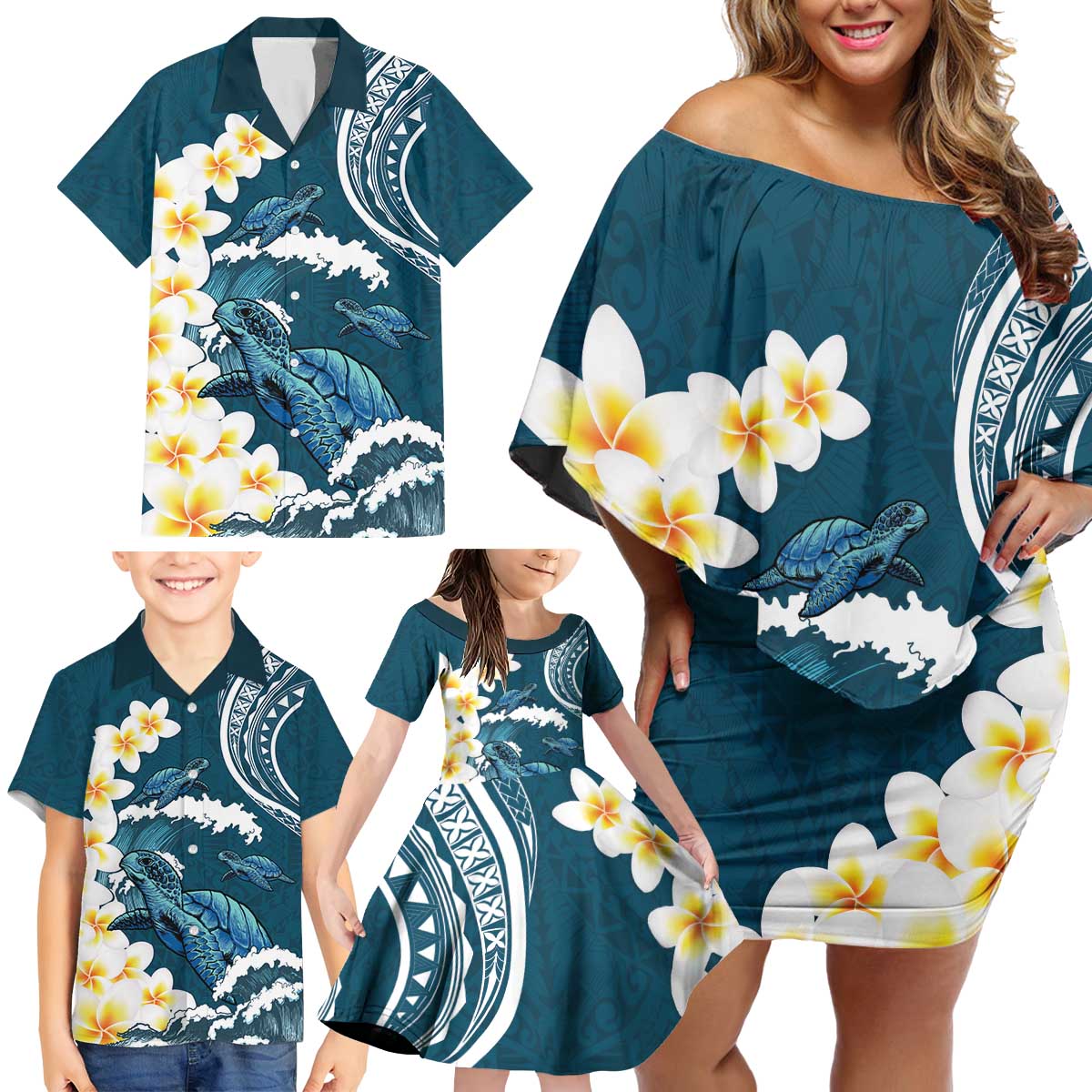 Dark Teal Polynesia Family Matching Off Shoulder Short Dress and Hawaiian Shirt Polynesian Frangipani With Sea Turtles LT14 - Polynesian Pride