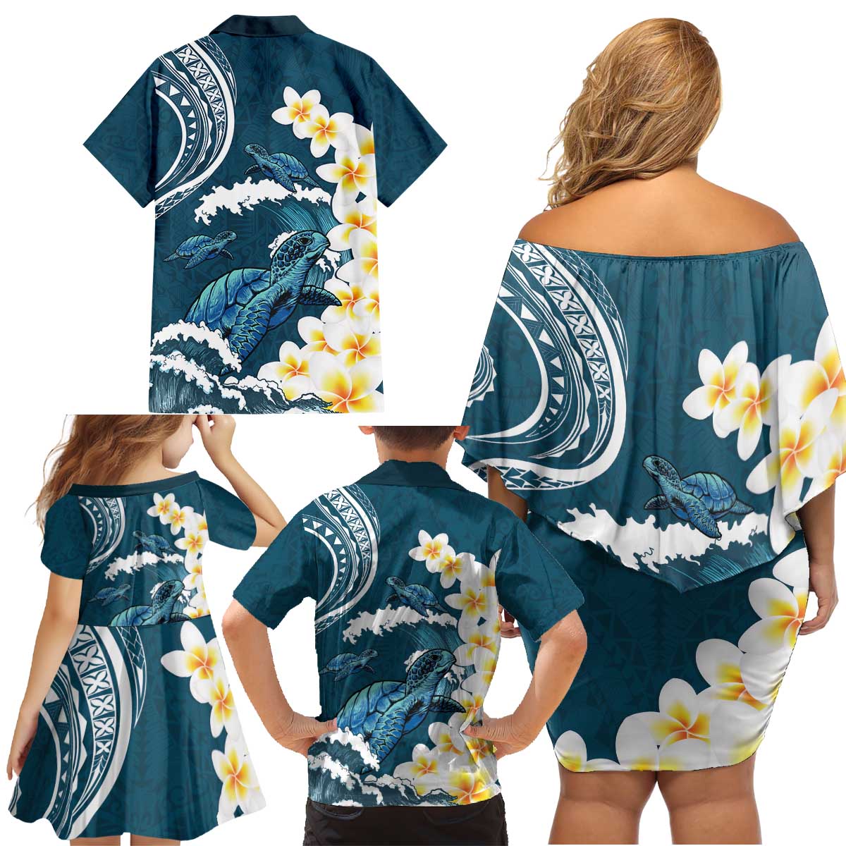 Dark Teal Polynesia Family Matching Off Shoulder Short Dress and Hawaiian Shirt Polynesian Frangipani With Sea Turtles LT14 - Polynesian Pride