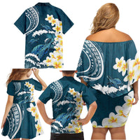 Dark Teal Polynesia Family Matching Off Shoulder Short Dress and Hawaiian Shirt Polynesian Frangipani With Sea Turtles LT14 - Polynesian Pride