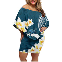 Dark Teal Polynesia Family Matching Off Shoulder Short Dress and Hawaiian Shirt Polynesian Frangipani With Sea Turtles LT14 Mom's Dress Dark Teal - Polynesian Pride
