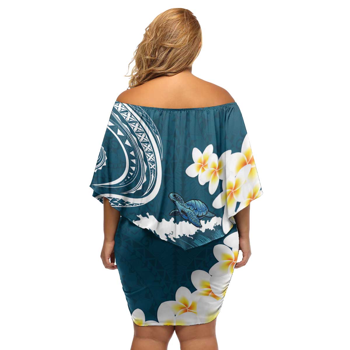 Dark Teal Polynesia Family Matching Off Shoulder Short Dress and Hawaiian Shirt Polynesian Frangipani With Sea Turtles LT14 - Polynesian Pride