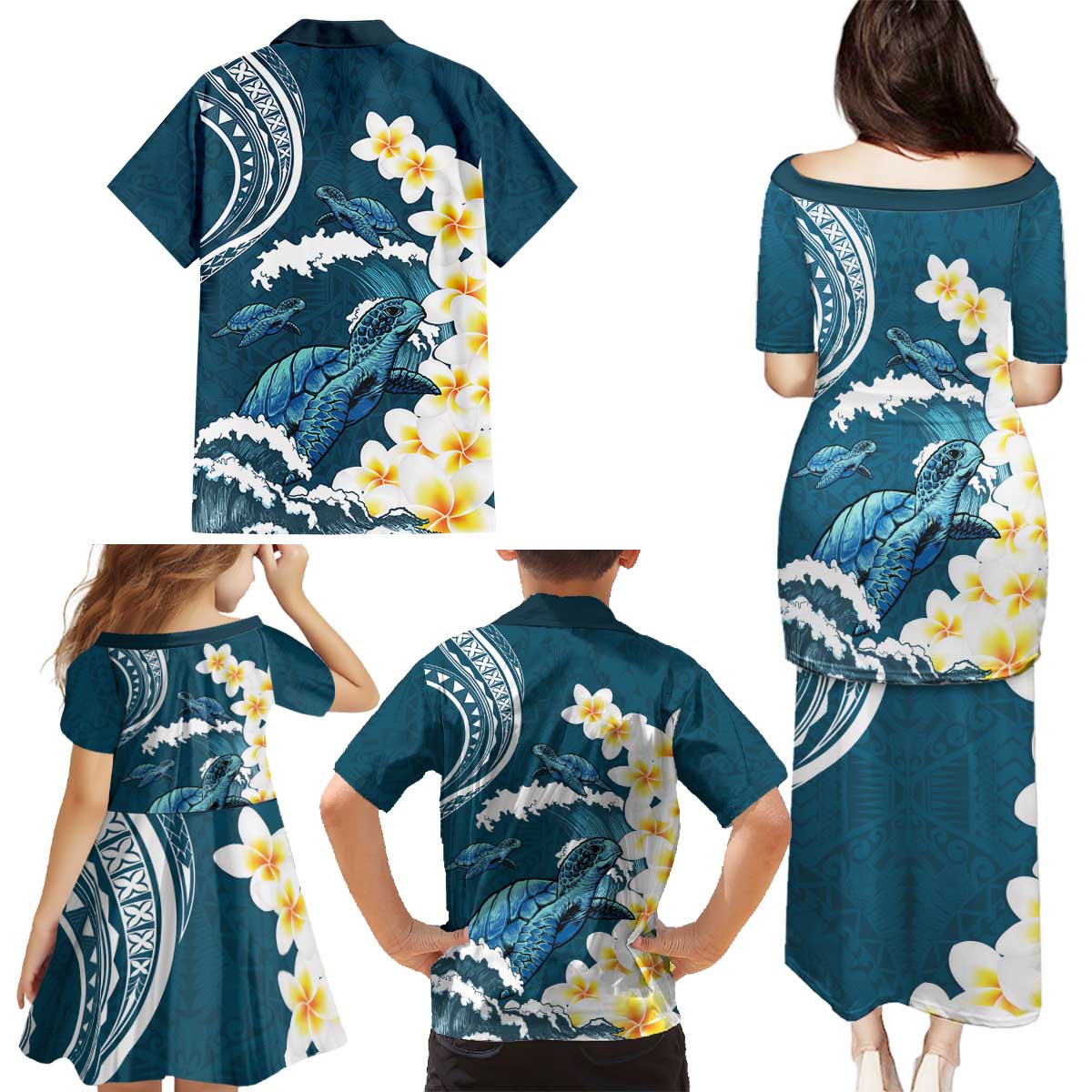 Dark Teal Polynesia Family Matching Puletasi and Hawaiian Shirt Polynesian Frangipani With Sea Turtles LT14 - Polynesian Pride