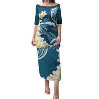 Dark Teal Polynesia Family Matching Puletasi and Hawaiian Shirt Polynesian Frangipani With Sea Turtles LT14 Mom's Dress Dark Teal - Polynesian Pride