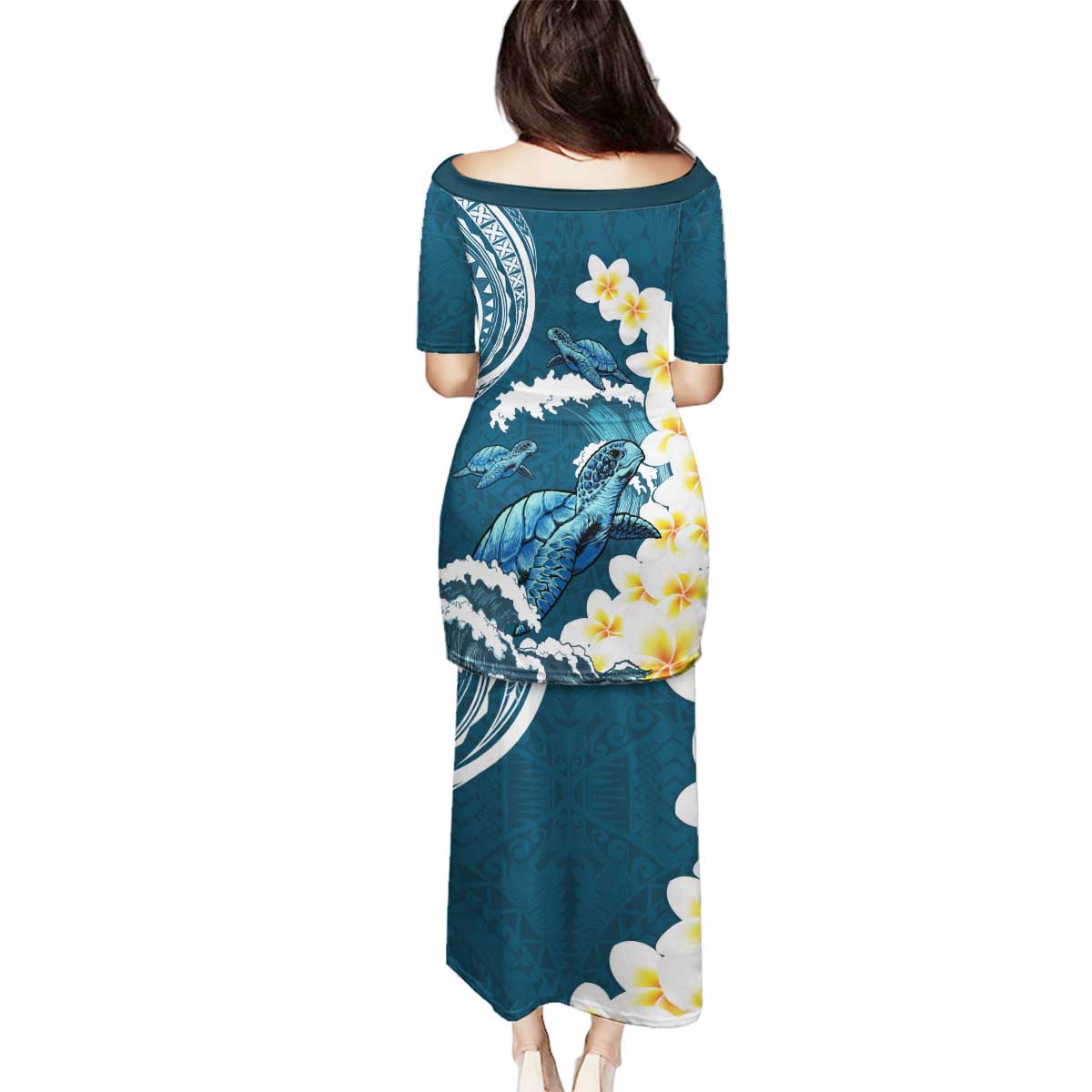 Dark Teal Polynesia Family Matching Puletasi and Hawaiian Shirt Polynesian Frangipani With Sea Turtles LT14 - Polynesian Pride