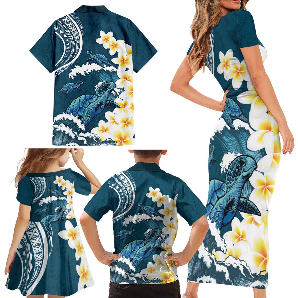 Dark Teal Polynesia Family Matching Short Sleeve Bodycon Dress and Hawaiian Shirt Polynesian Frangipani With Sea Turtles LT14 - Polynesian Pride