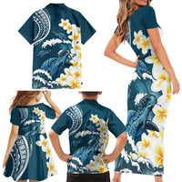 Dark Teal Polynesia Family Matching Short Sleeve Bodycon Dress and Hawaiian Shirt Polynesian Frangipani With Sea Turtles LT14 - Polynesian Pride