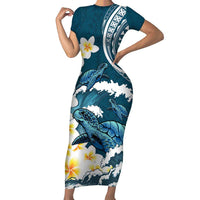 Dark Teal Polynesia Family Matching Short Sleeve Bodycon Dress and Hawaiian Shirt Polynesian Frangipani With Sea Turtles LT14 Mom's Dress Dark Teal - Polynesian Pride